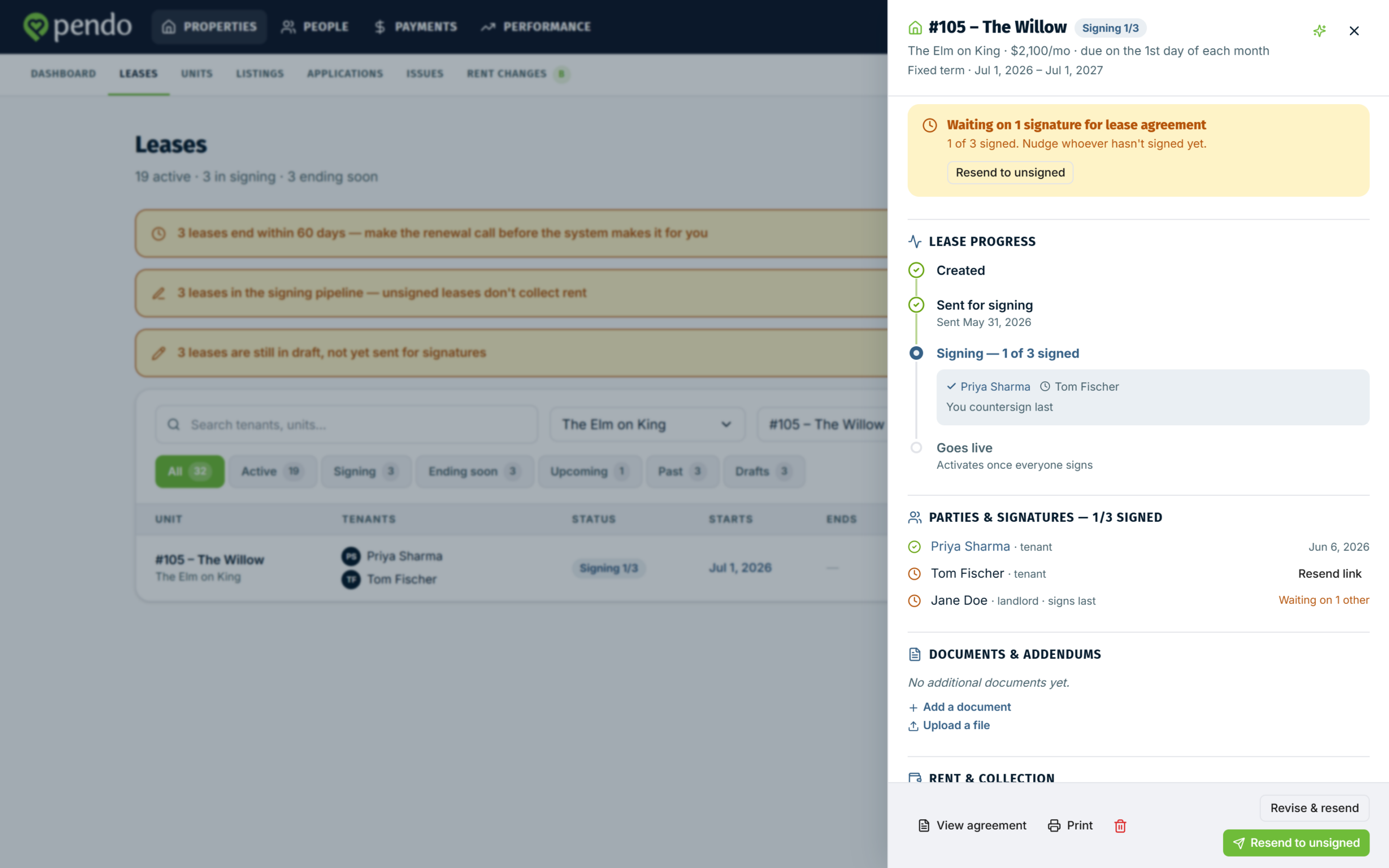 The pendo rent 2.0 leases worklist with status badges and an open lease drawer