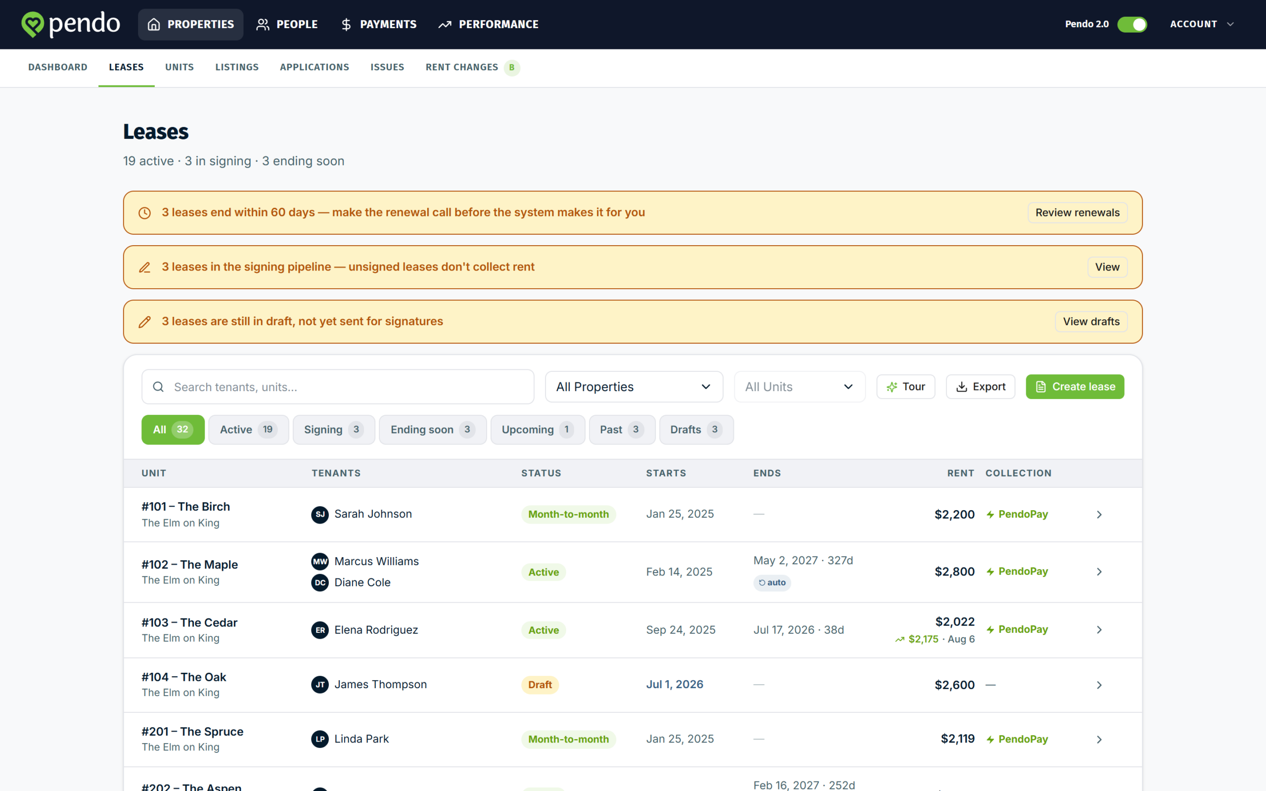 The leases page with the create lease button in the top right
