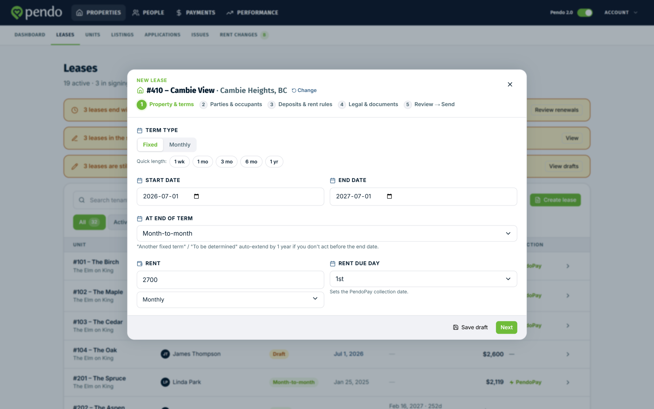 The property & terms step with the term and rent fields filled in