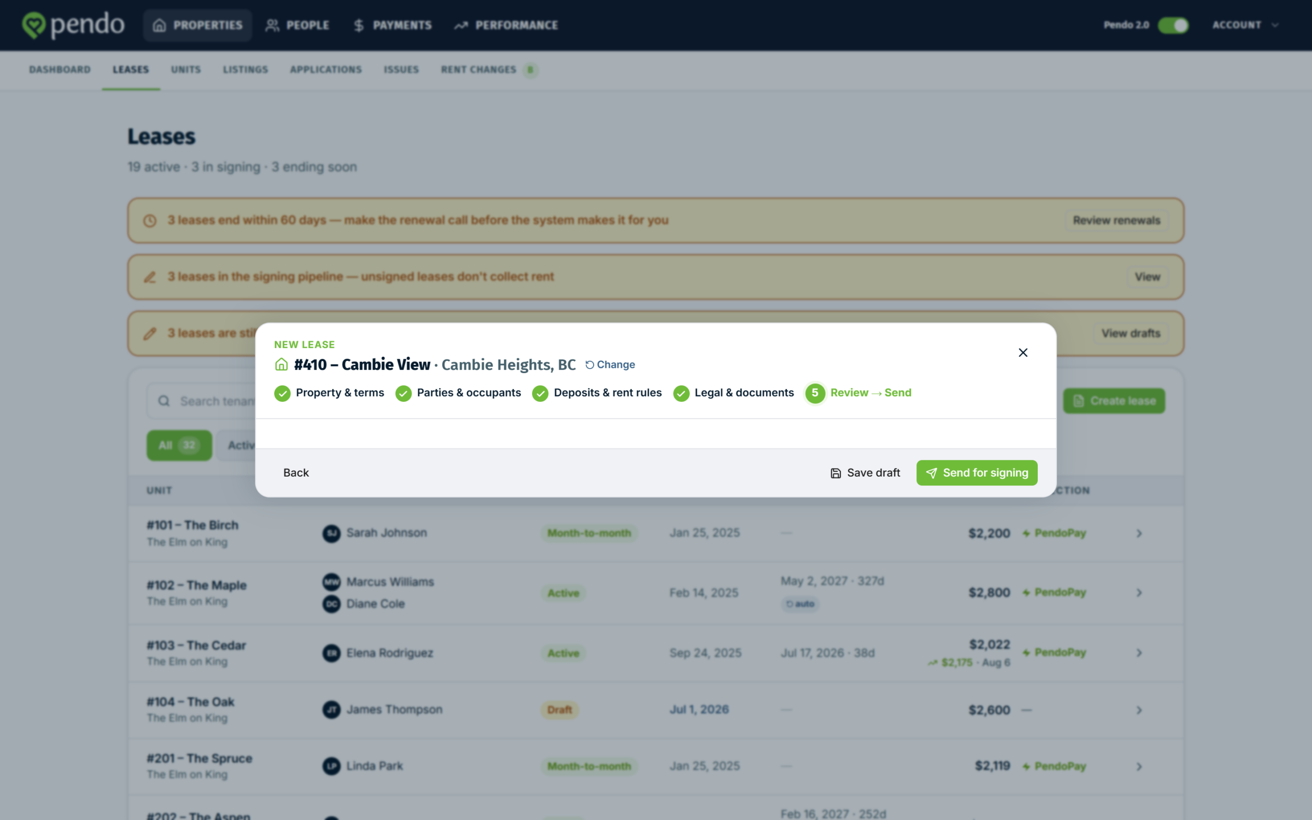 The review step with the summary groups and the send for signing button