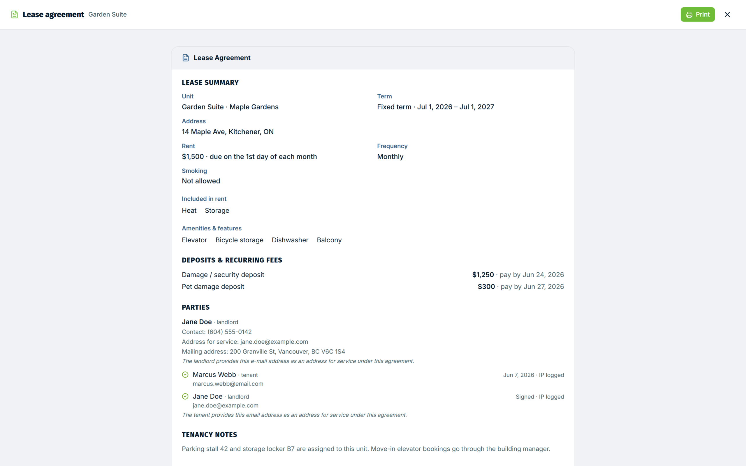 The executed lease agreement view with the print button