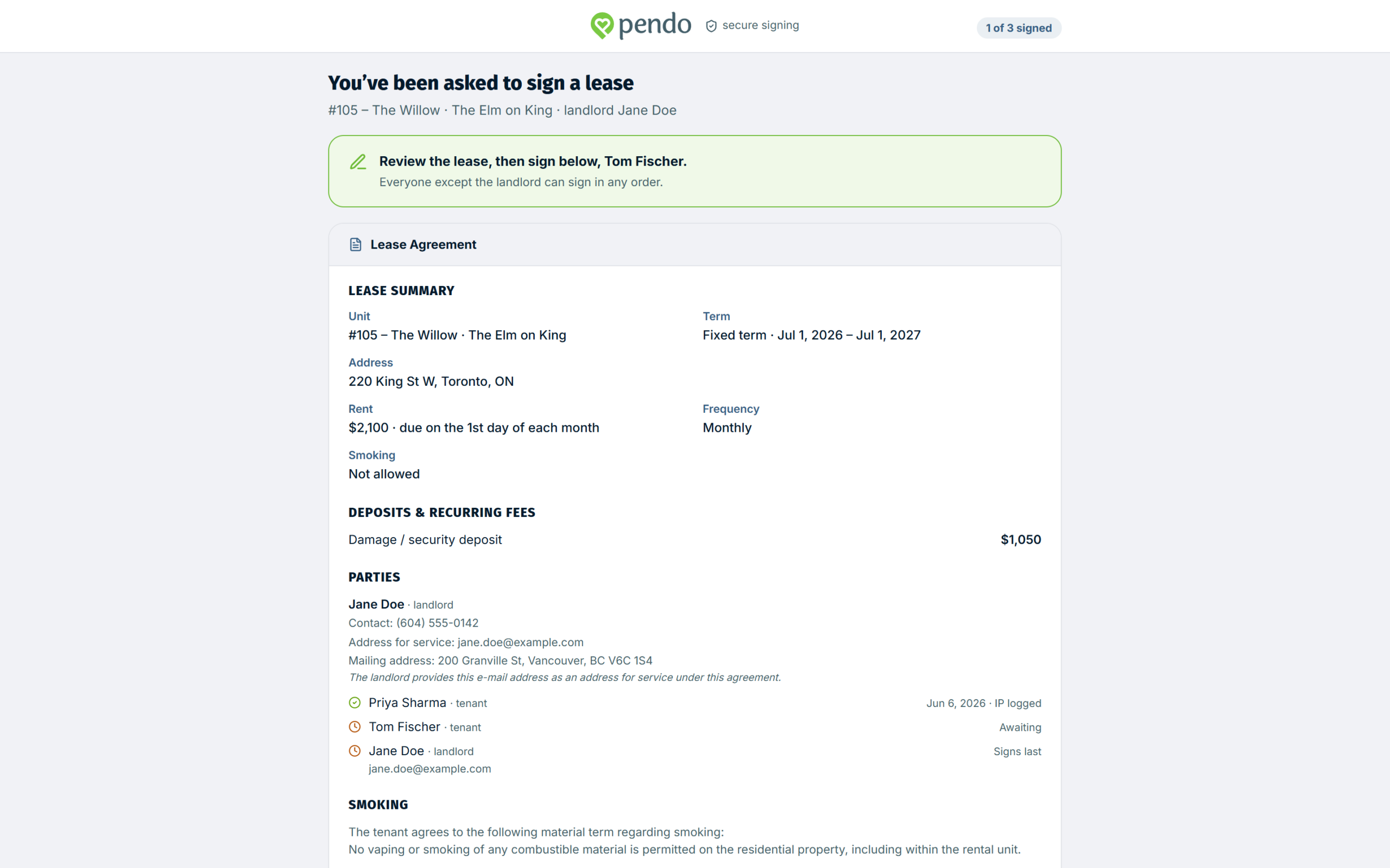 The tenant signing page showing the lease summary and the signature pad