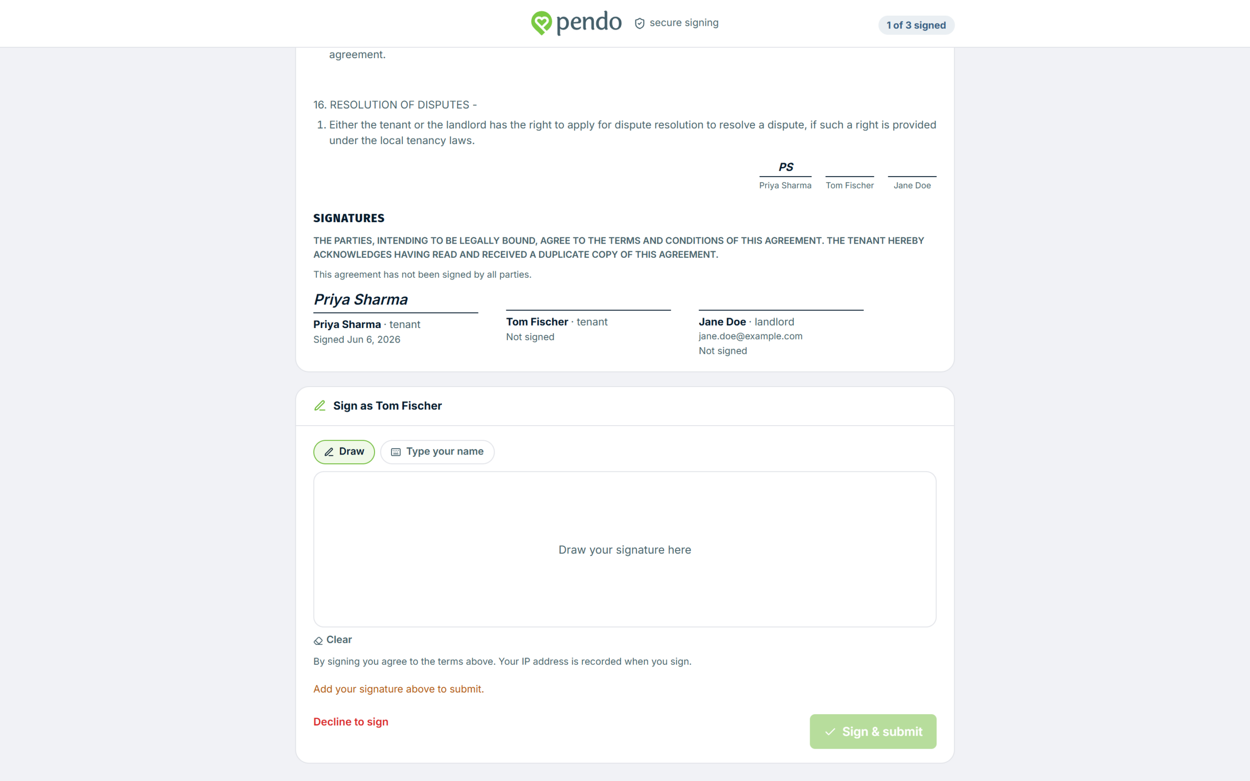 The signature step on the tenant signing screen, before a signature has been added
