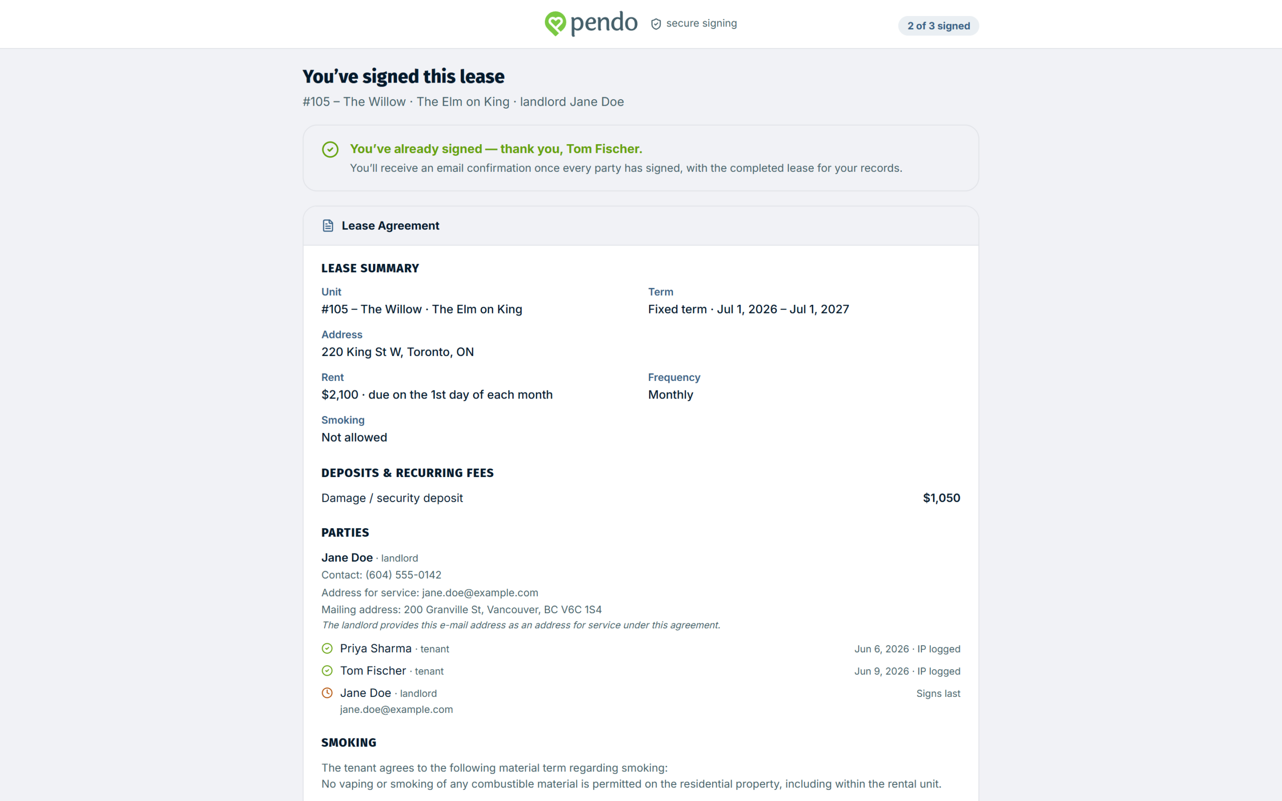 The confirmation a tenant sees straight after signing