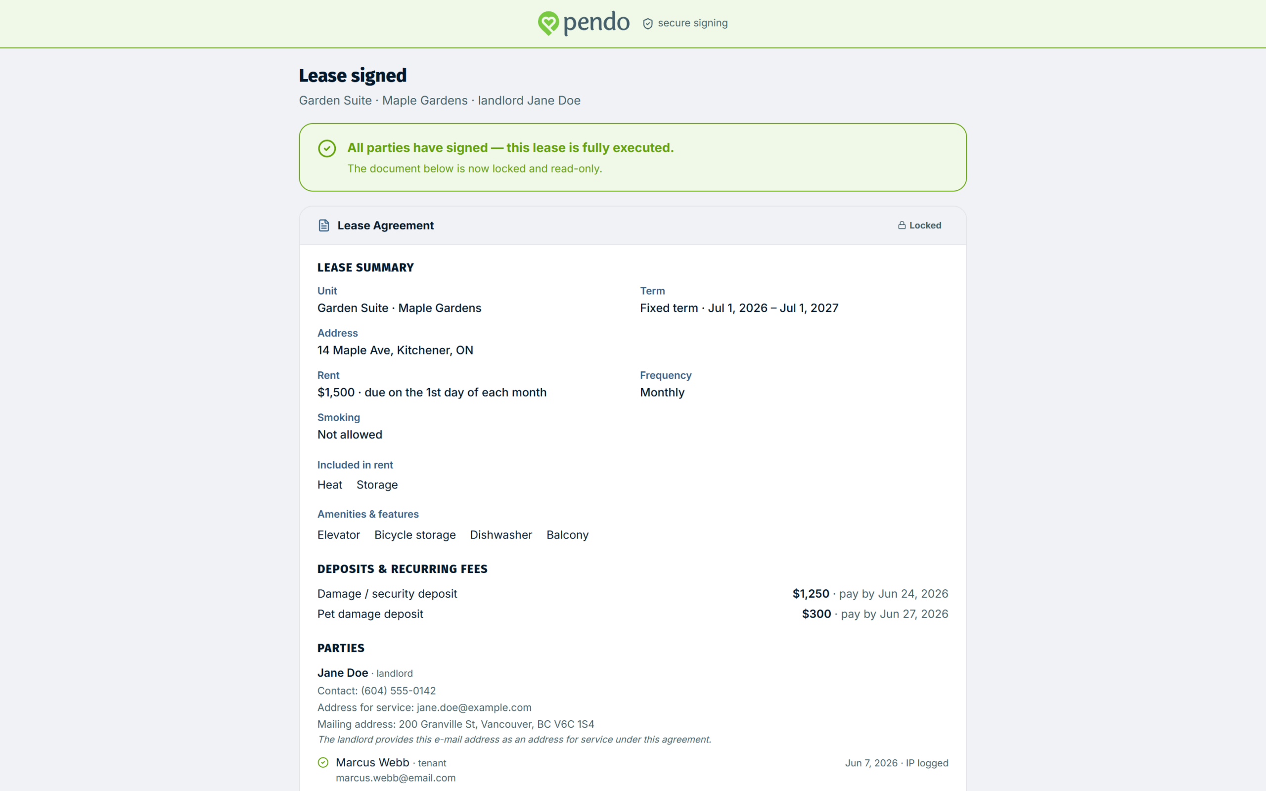 The tenant signing page in its fully executed state with the print control