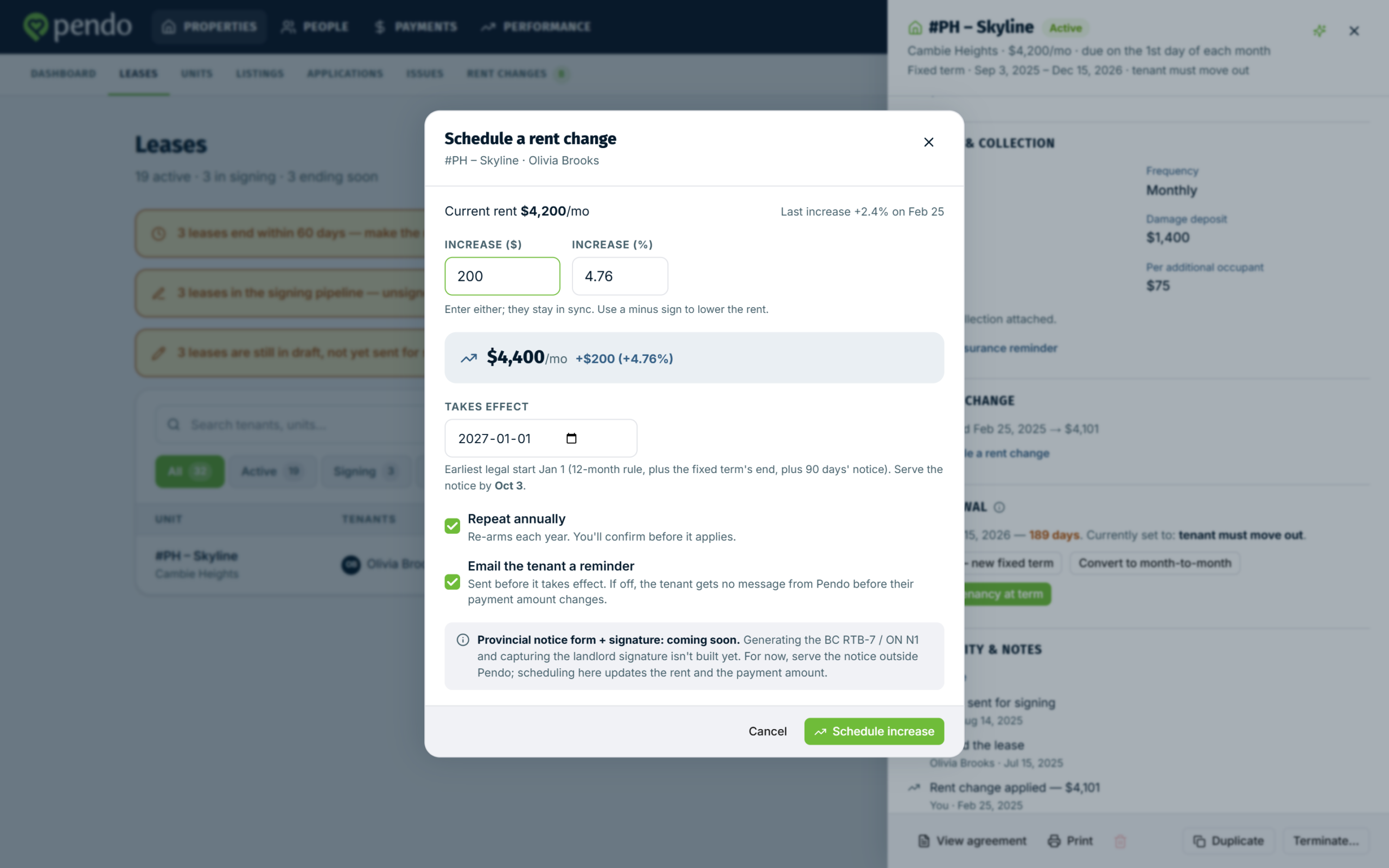 The schedule a rent change window with the dollar and percent fields filled in and the calculated new rent below them