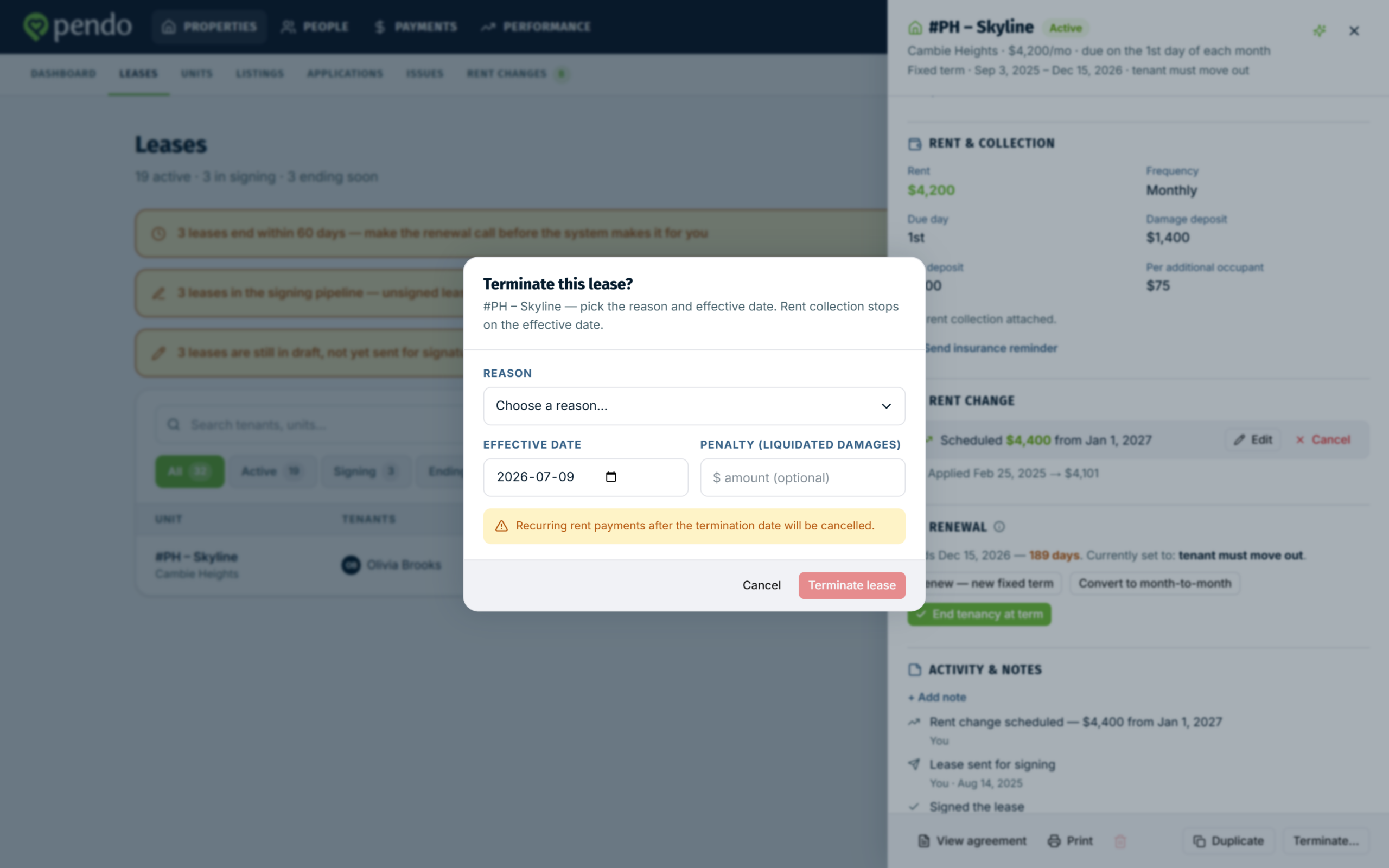The terminate this lease window with the recurring-payment warning visible