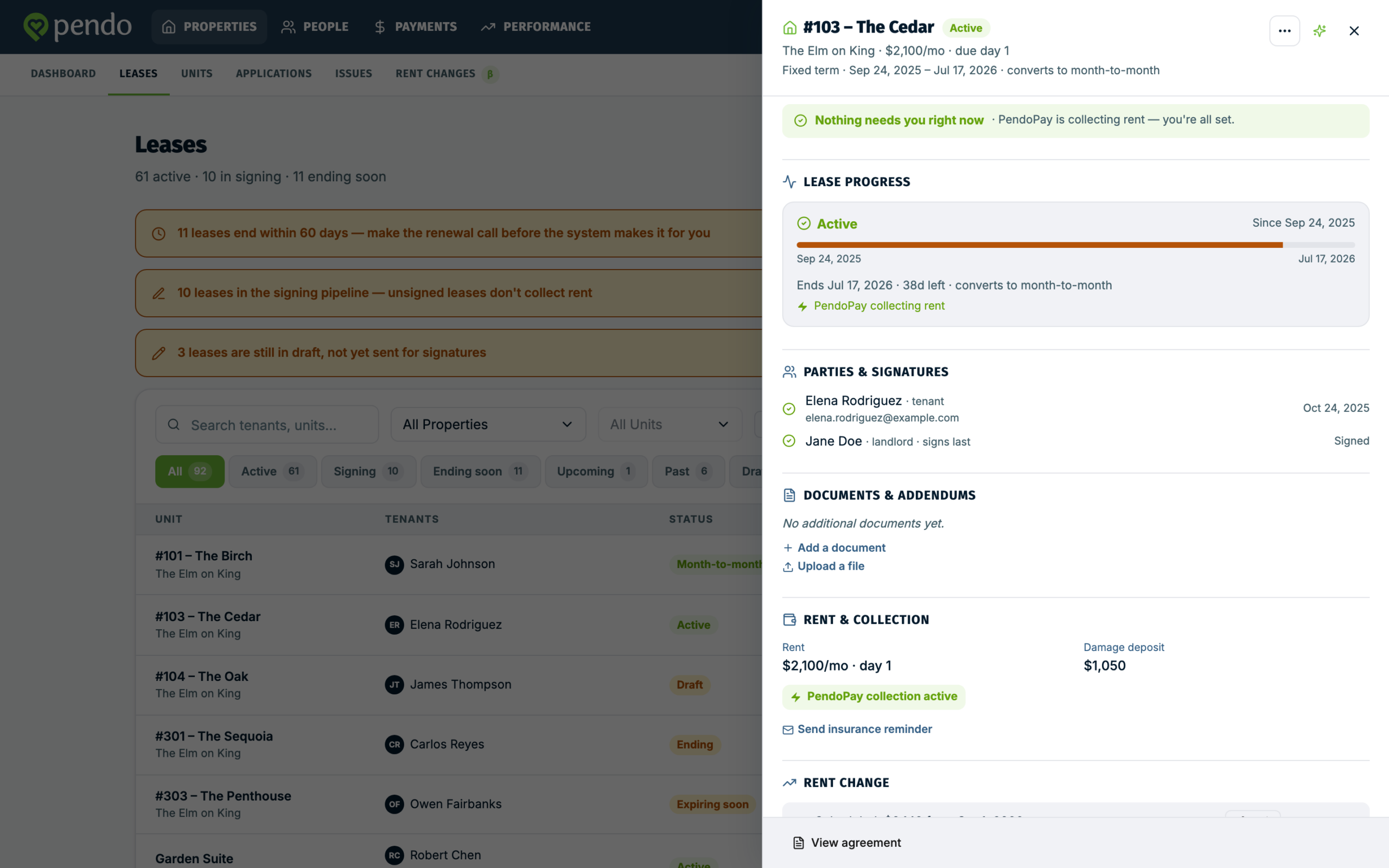 The pendo rent 2.0 leases worklist with status badges and an open lease drawer