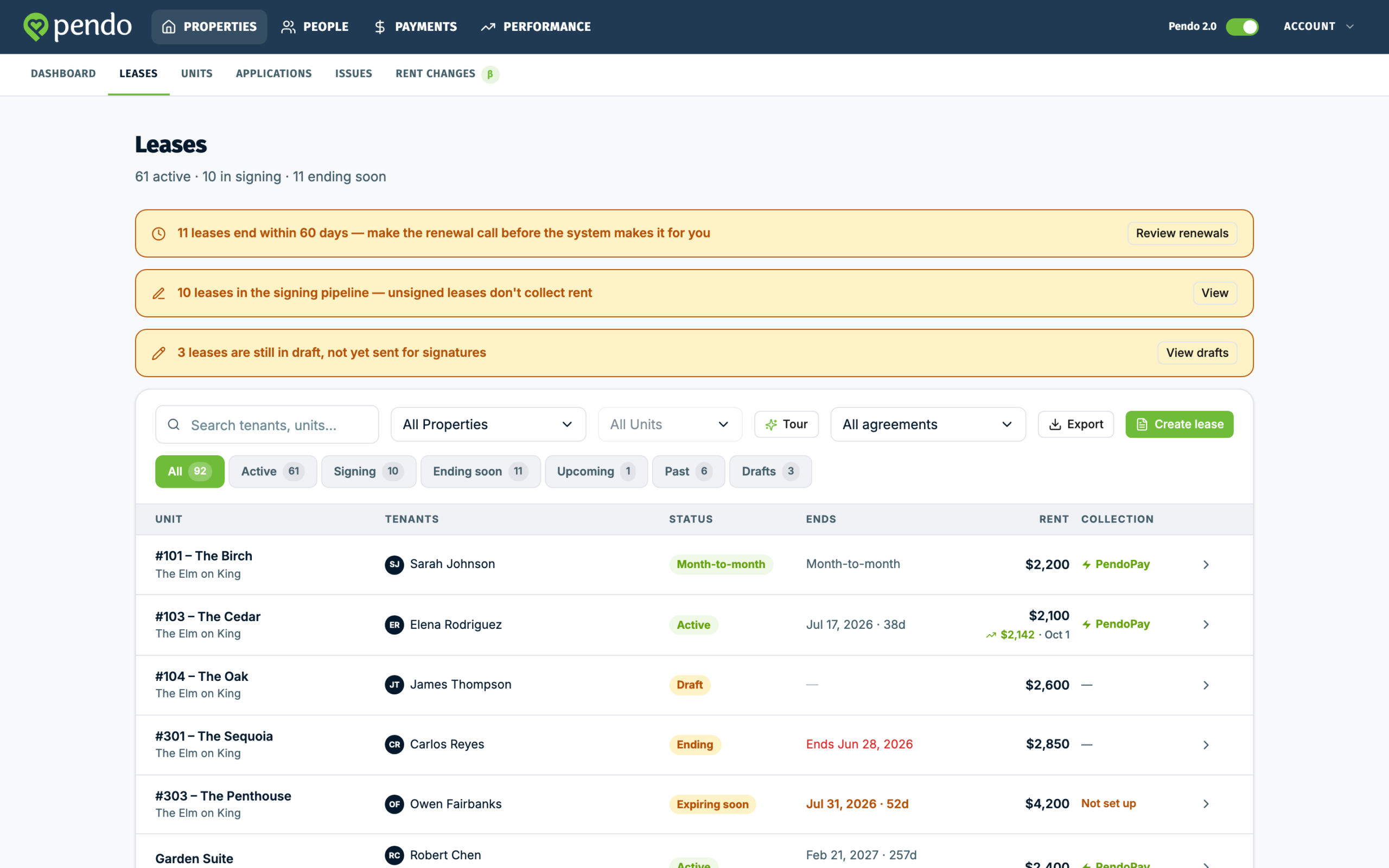 The leases page with the create lease button in the top right