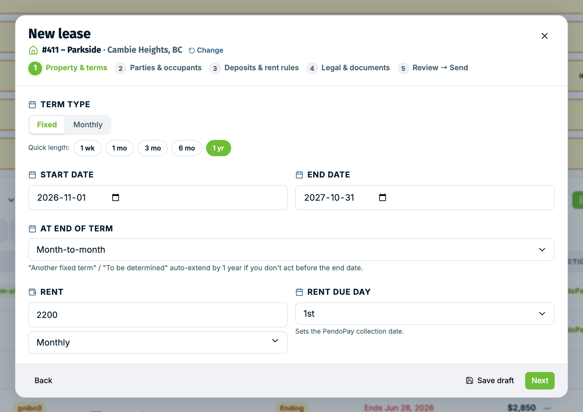 The property & terms step with the term and rent fields filled in