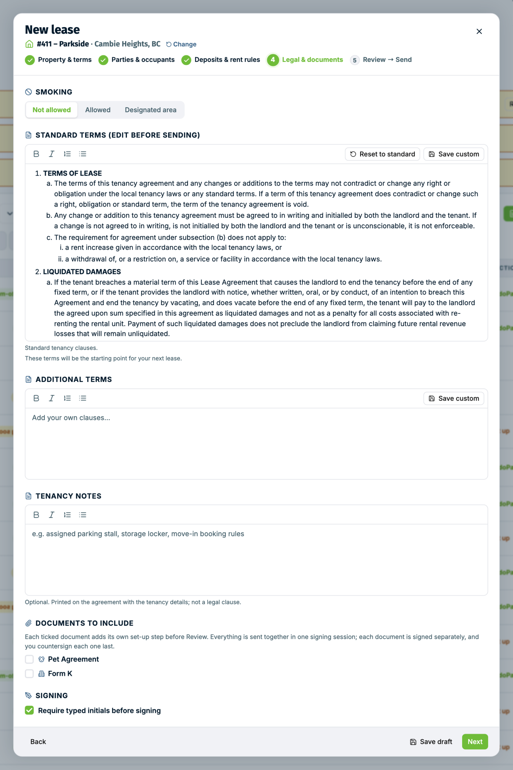 The legal & documents step with the standard terms box and the document tick boxes