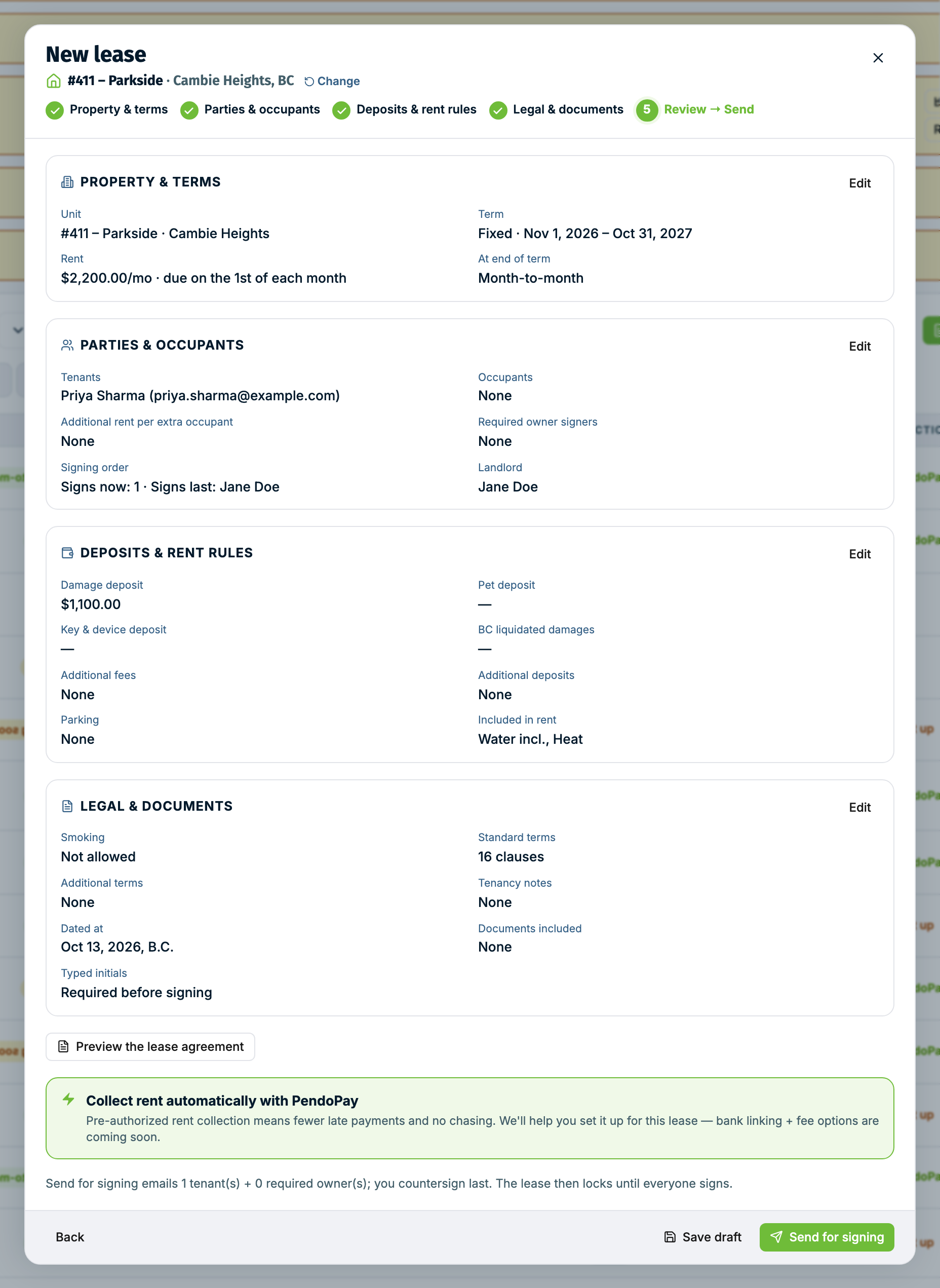 The review step with the summary groups and the send for signing button