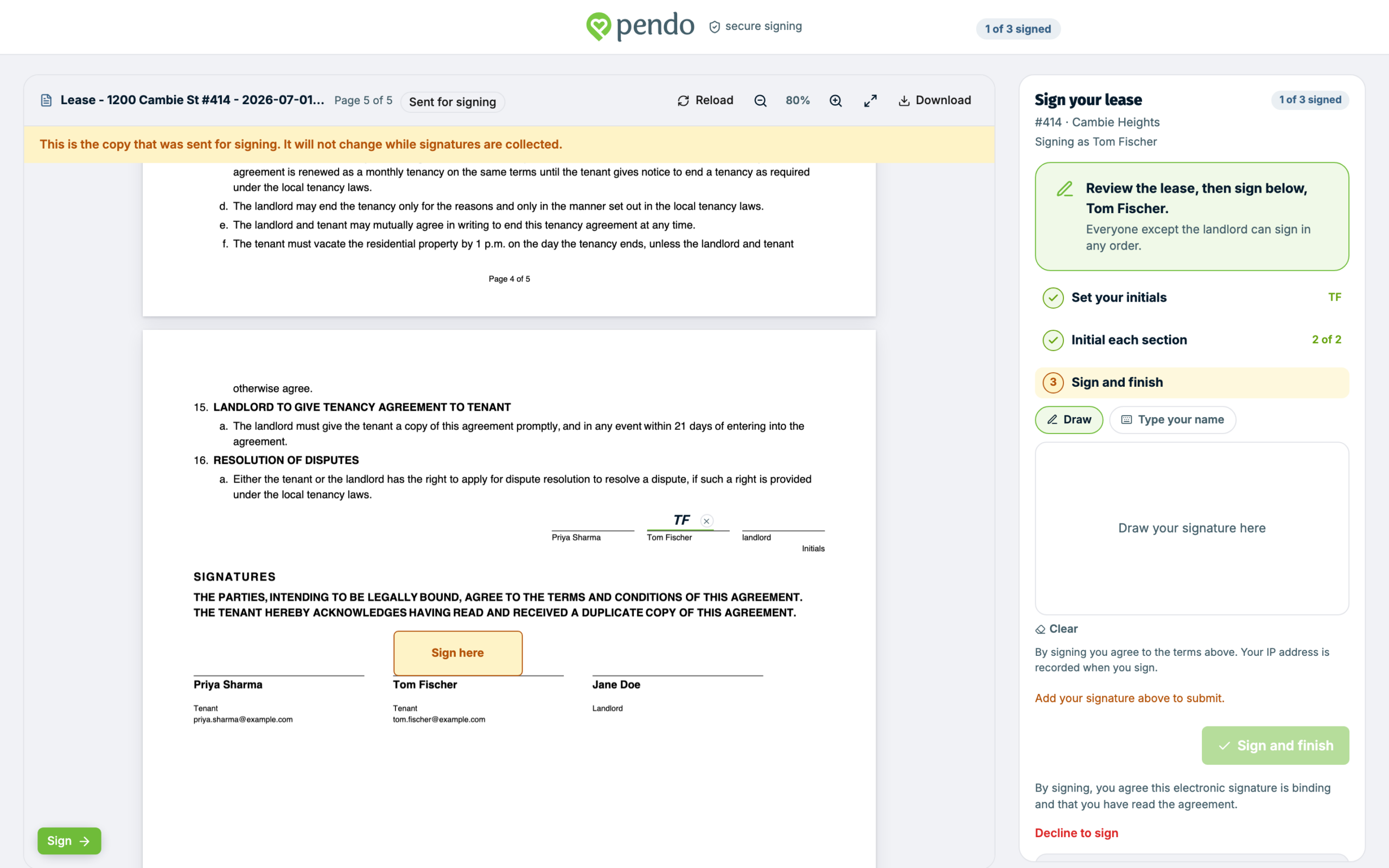 The sign your lease panel on the tenant signing screen, before a signature has been added