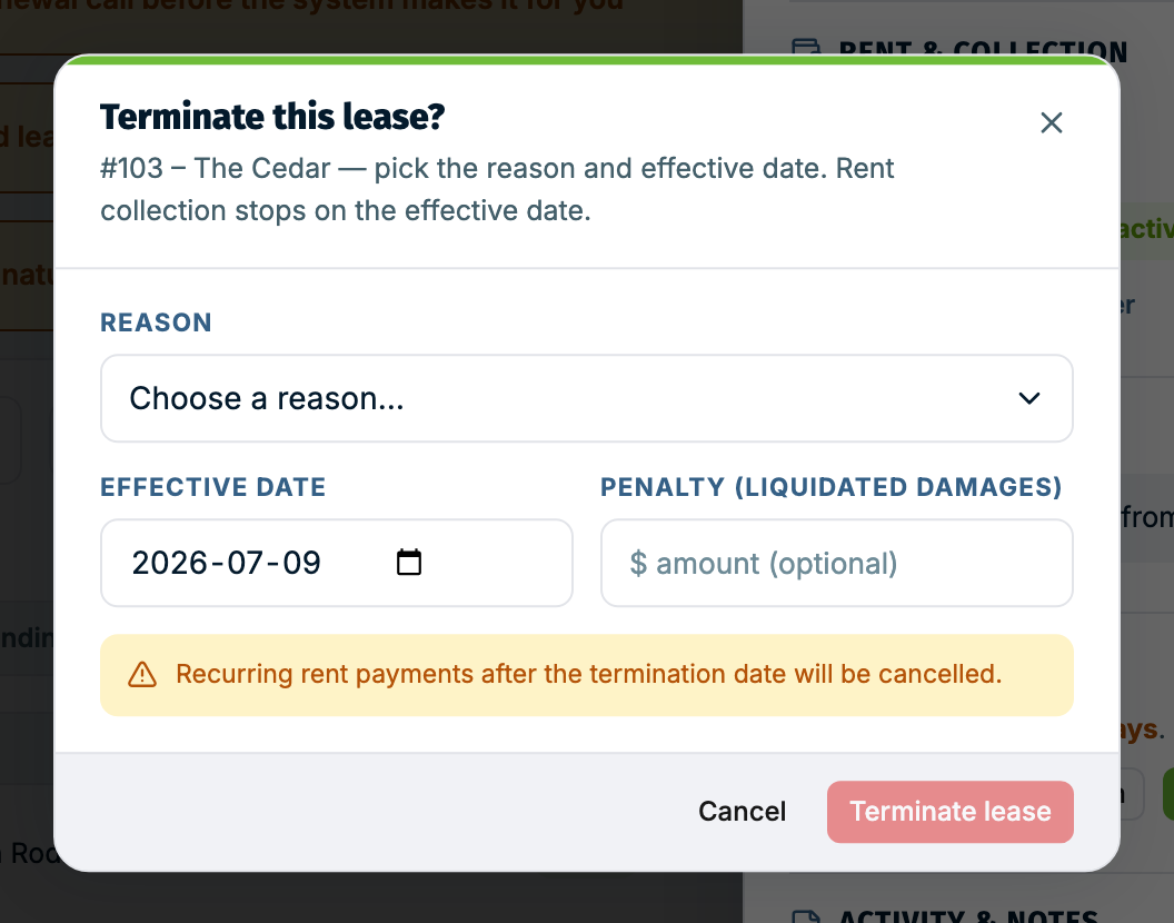 The terminate this lease window with the recurring-payment warning visible